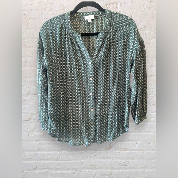 J Jill Blouse Green Long Sleeve Button Down V-Neck Women’s Sz Sm Geometric Rayon - Picture 2 of 8